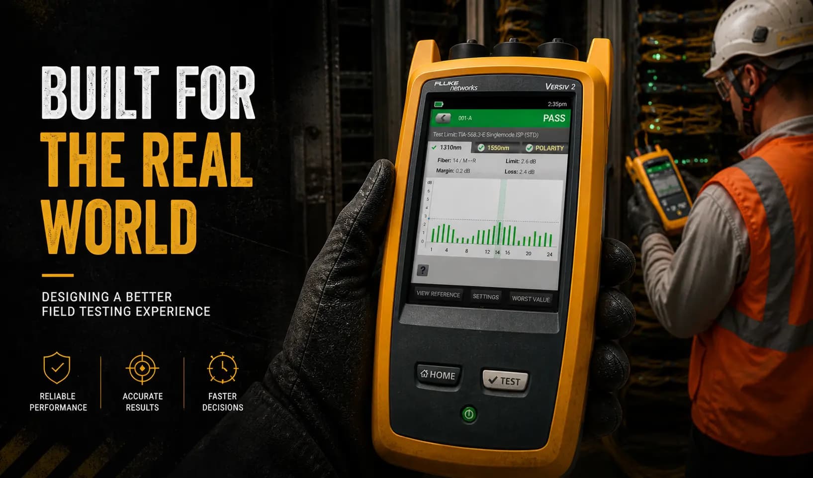 CertiFiber Max hardware interface screens shown on a handheld tester